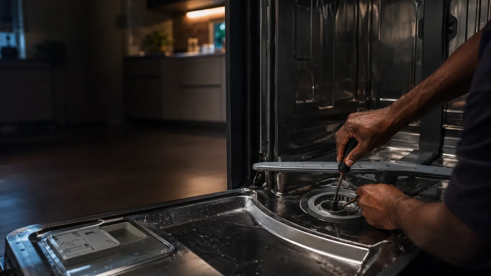 Technician repairing an open dishwasher at a home in Midrand