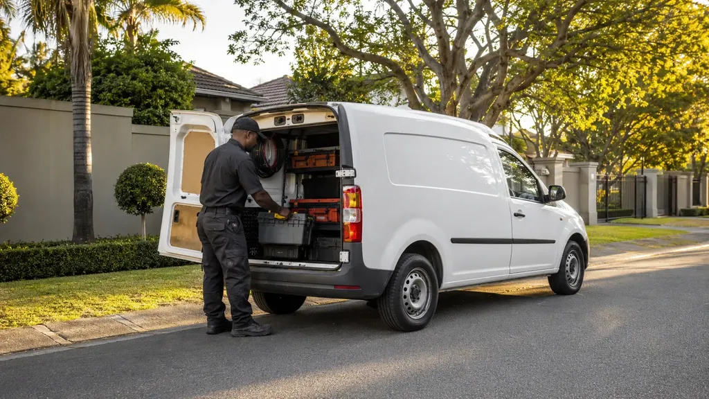 MJ Appliances Repairs service van parked outside a Midrand home, technician unloading tools