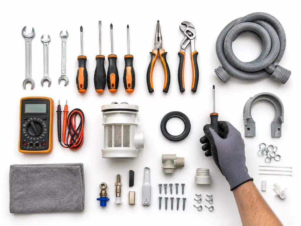 Appliance repair tools and washing machine parts laid out flat